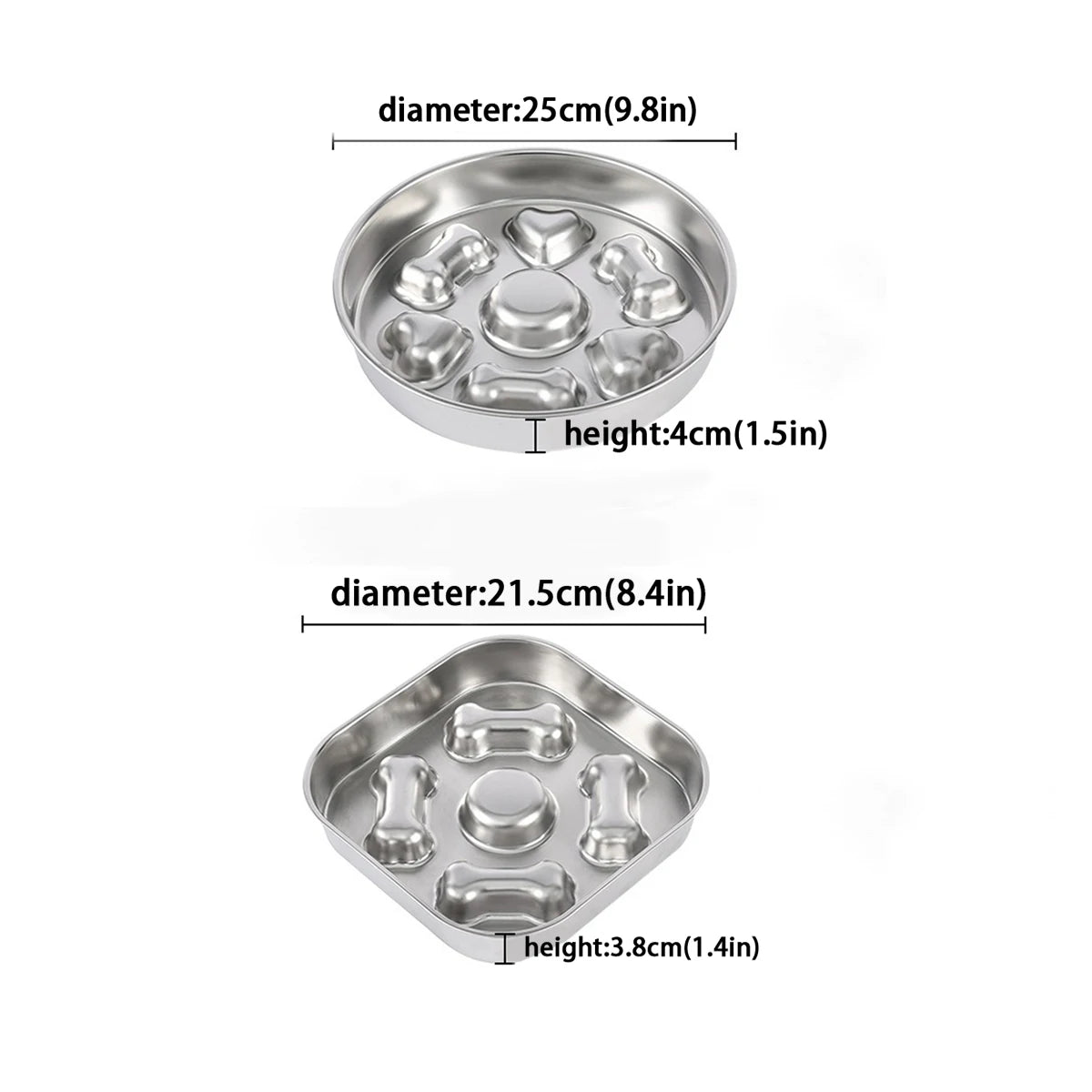 304 Stainless Steel Slow Feeder Bowl - Anti-Slip Silicone & Bone/Heart Design, 8.4-9.8in for Cats/Dogs