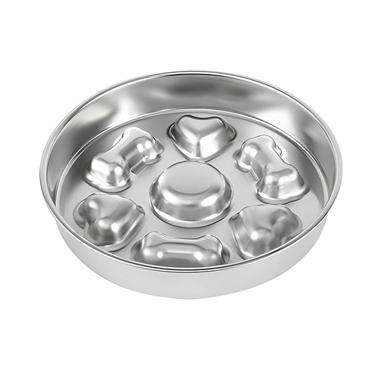 304 Stainless Steel Slow Feeder Bowl - Anti-Slip Silicone & Bone/Heart Design, 8.4-9.8in for Cats/Dogs