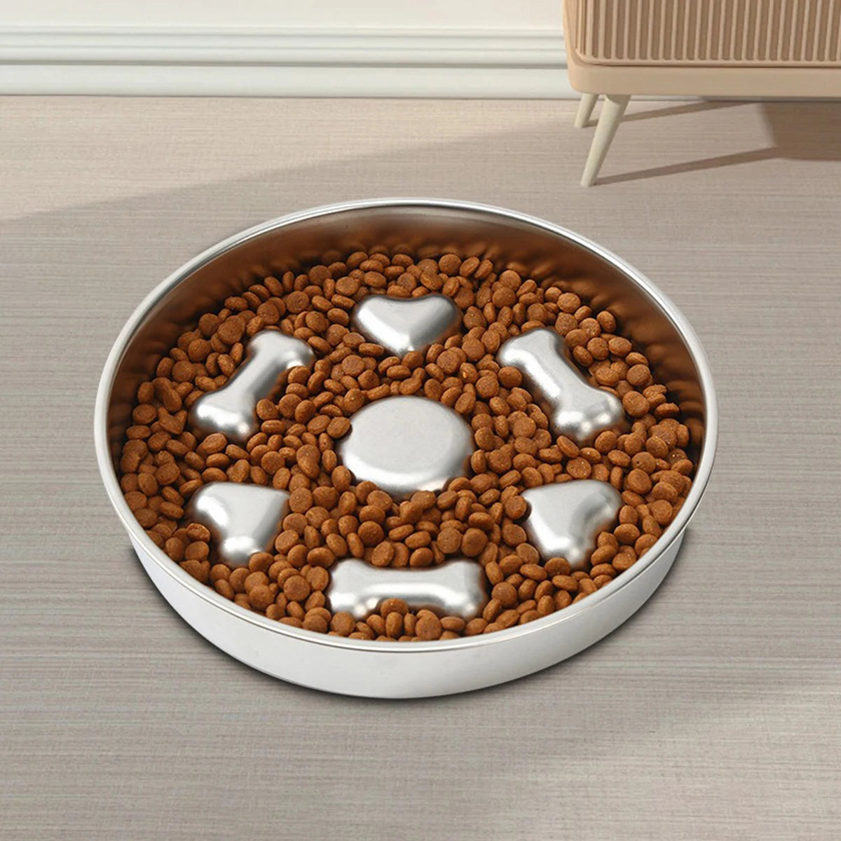 304 Stainless Steel Slow Feeder Bowl - Anti-Slip Silicone & Bone/Heart Design, 8.4-9.8in for Cats/Dogs