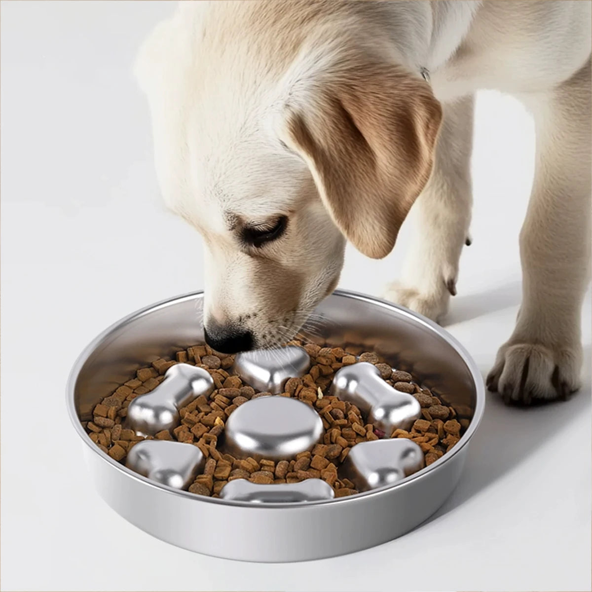 304 Stainless Steel Slow Feeder Bowl - Anti-Slip Silicone & Bone/Heart Design, 8.4-9.8in for Cats/Dogs