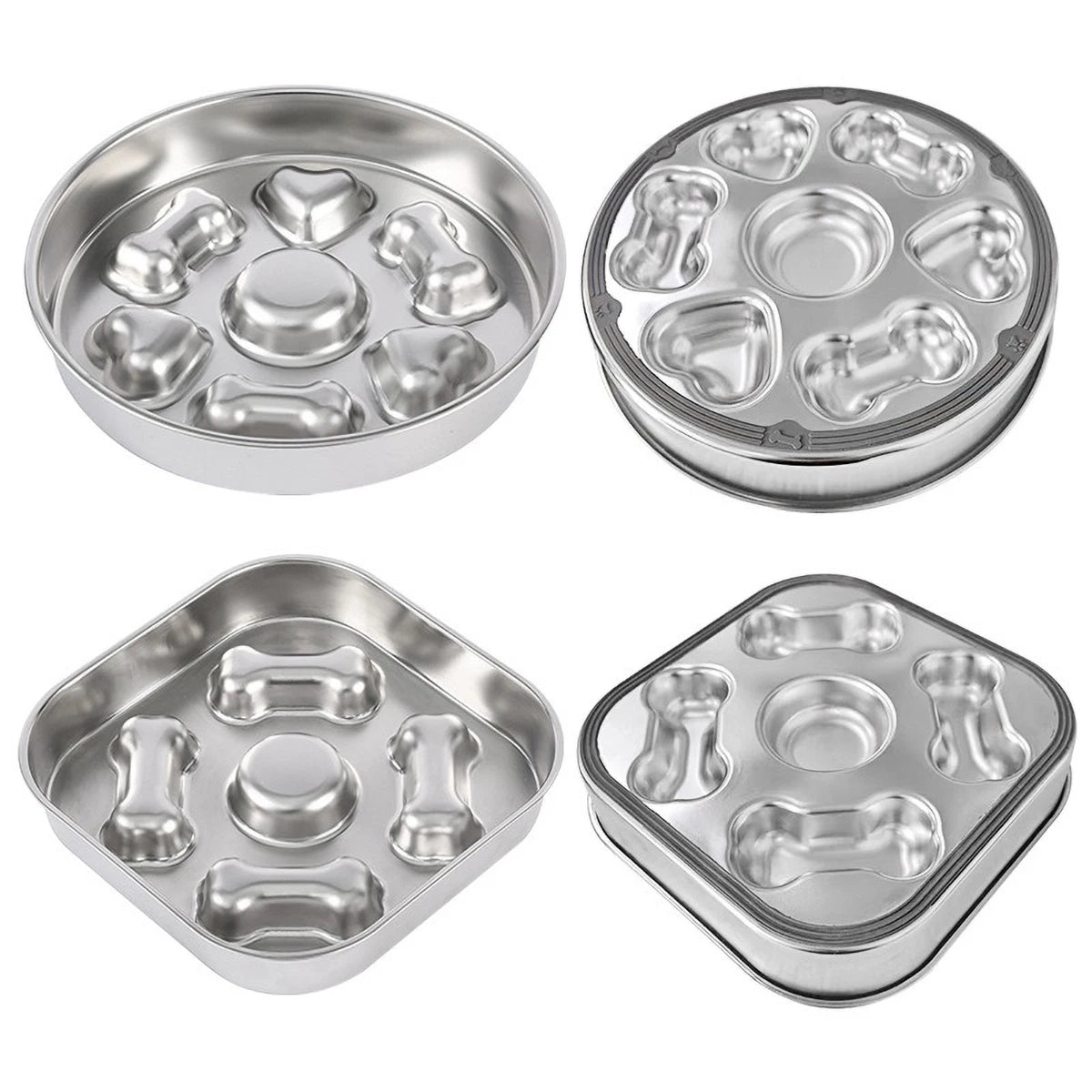 304 Stainless Steel Slow Feeder Bowl - Anti-Slip Silicone & Bone/Heart Design, 8.4-9.8in for Cats/Dogs
